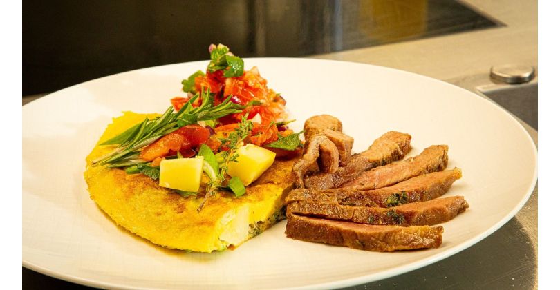 Pan-fried Iberico Abanico with Spanish Egg Tortilla and Tomato-Parsley Salsa