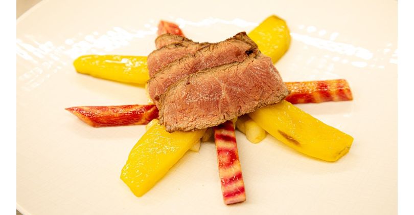 Roasted Beef Flat Iron Steak with Glazed Beetroot and Celery, Served with Red Wine Reduction