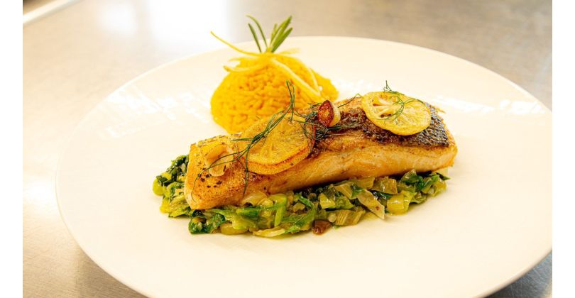 Grilled Organic Skin-On Salmon Fillet, Steamed Sugarloaf, and Turmeric Rice