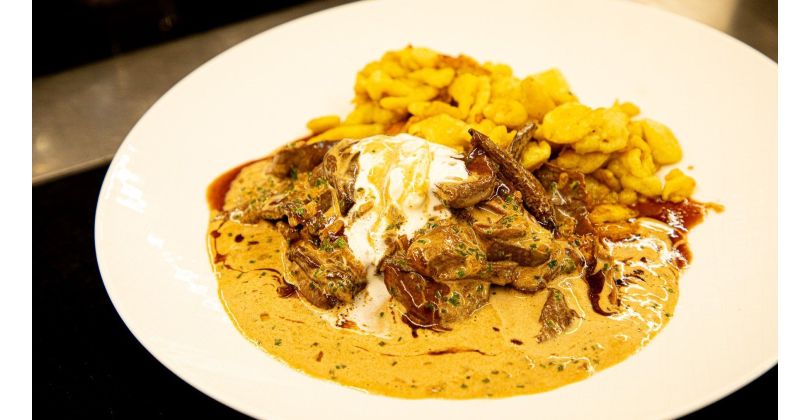 Venison Strips in a Game Cream Sauce with Birch Boletus Mushrooms and Crispy Egg Spätzli