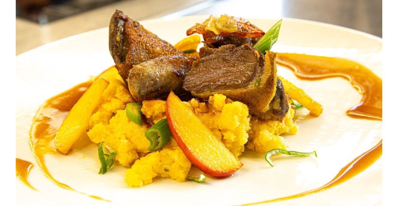 Roasted pigeon breast with wings on corn polenta, caramelized apple, and Marsala jus
