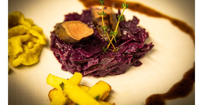 Roasted and braised wild boar fillet with red wine sauce